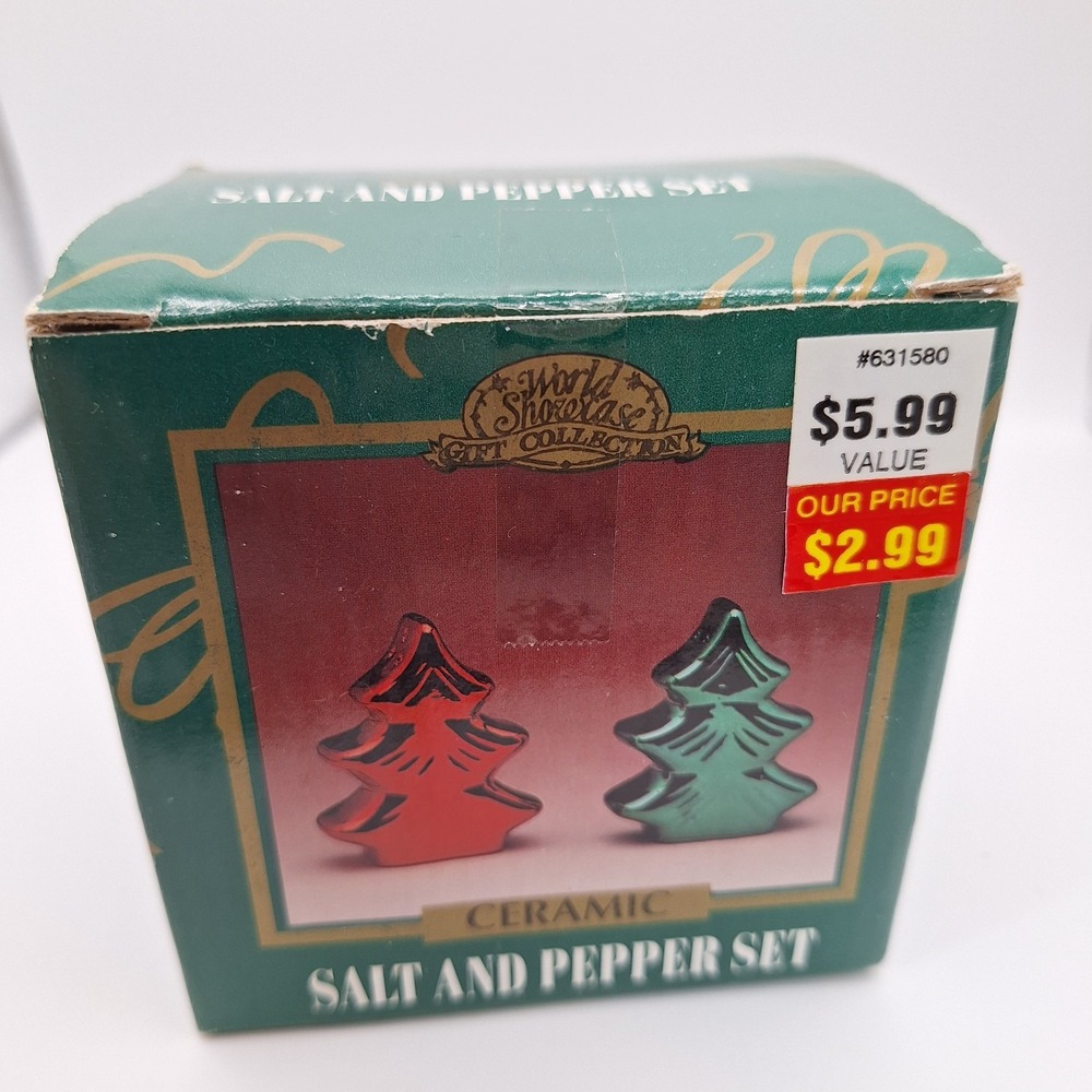 Vintage Atico Ceramic Christmas Tree Salt & Pepper Set New Old Stock 3.5" - Picture 2 of 11